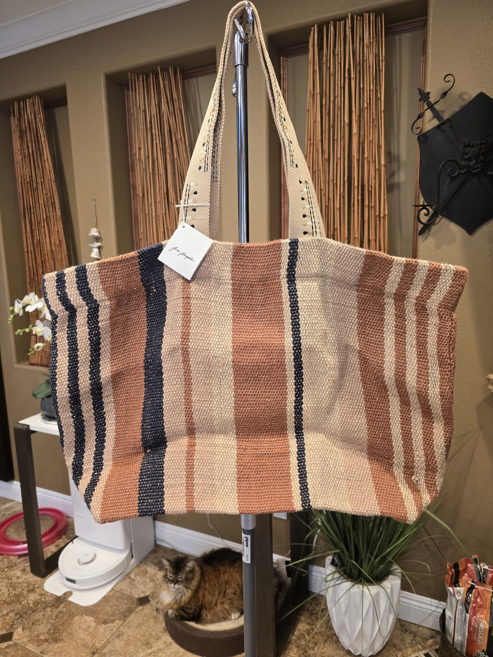 Free People Striped Woven Tote in Beige, Rust & Navy